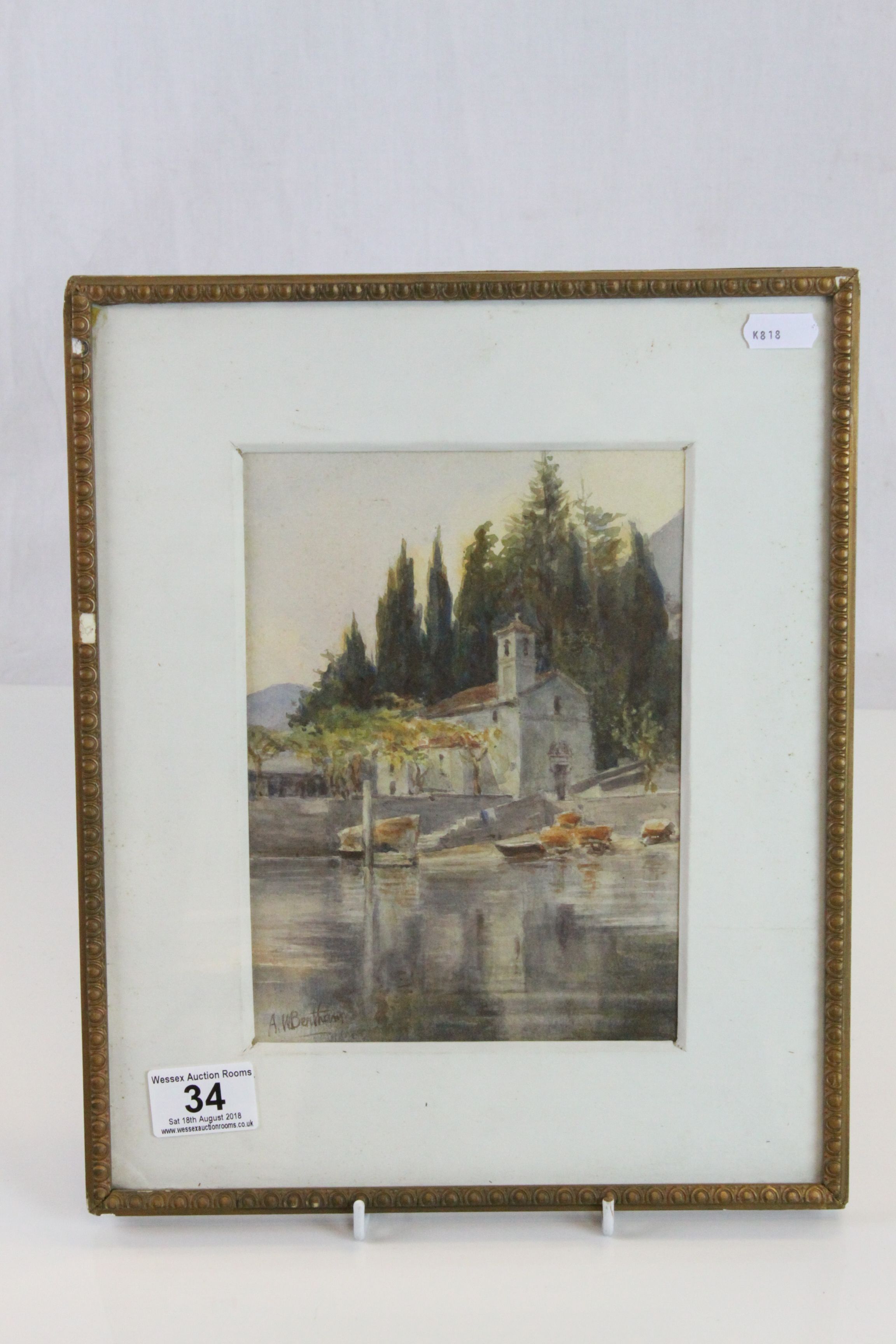 Framed & glazed Watercolour of a southern European Church scene & signed A W Bentham