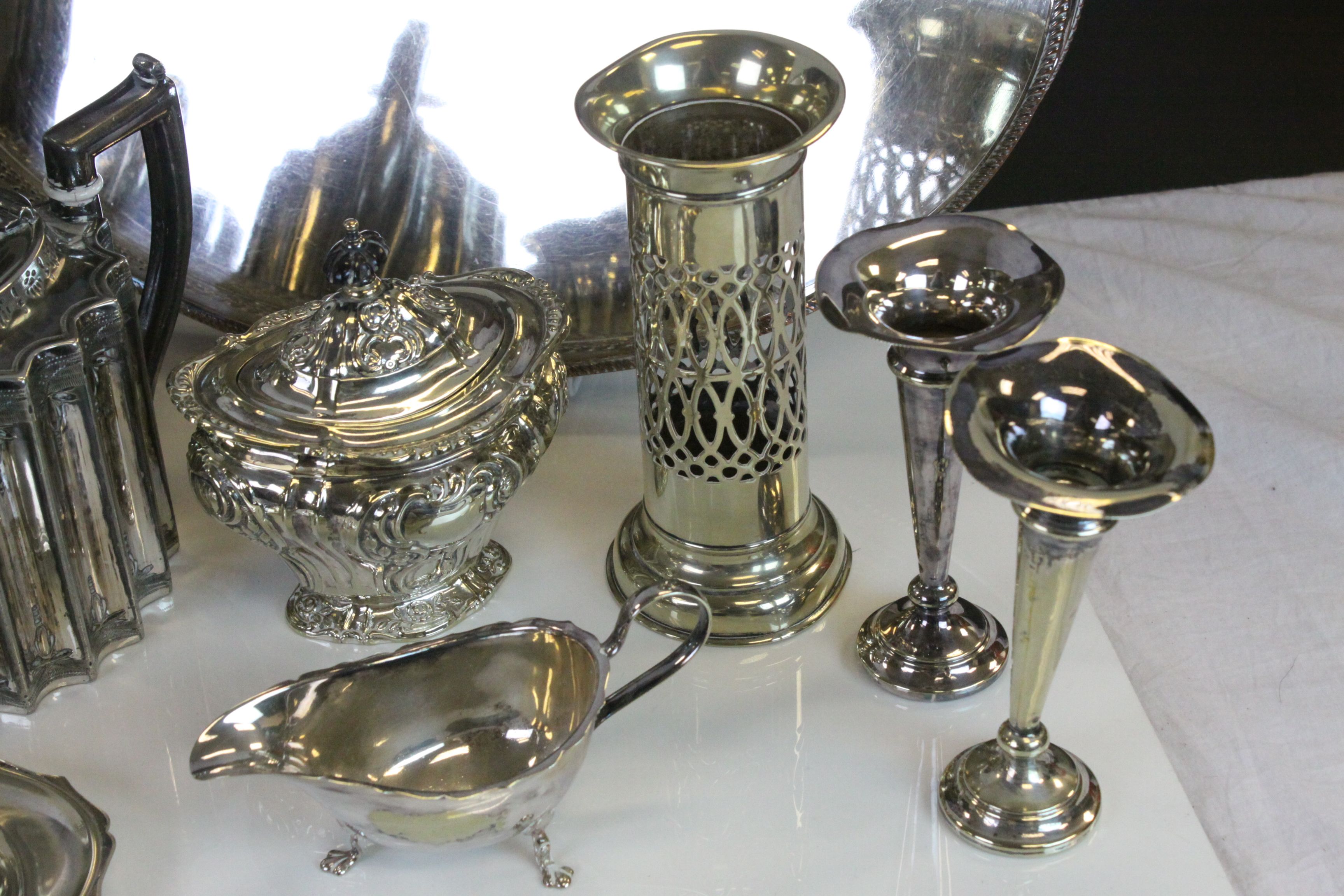 Collection of Silver Plate including Oval Gallery Tray, Pair of Trumpet Vases, Teapots, Sugar - Image 3 of 3