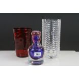 Whitefriars style Ruby glass vase with swagged design, a Geometric cut glass vase & a Murano style