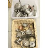 Box and wicker Basket of vintage Pewter to include Hammered finish Coffee pots, cruet items etc