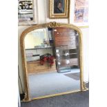 Large 19th century Style Gilt Framed Overmantle Mirror with bow finial and scroll and leaf border,