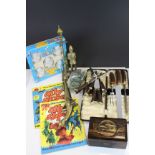 Box of mixed collectables to include a lacquered Tea Caddy, Brassware, cutlery and a bag of Marbles