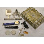 A collection of items to include an ivorine small haberdashery vice, a silver plated propelling