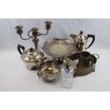 Collection of Silver Plate plus a Glug Glug Decanter with Silver Collar (lacking stopper)