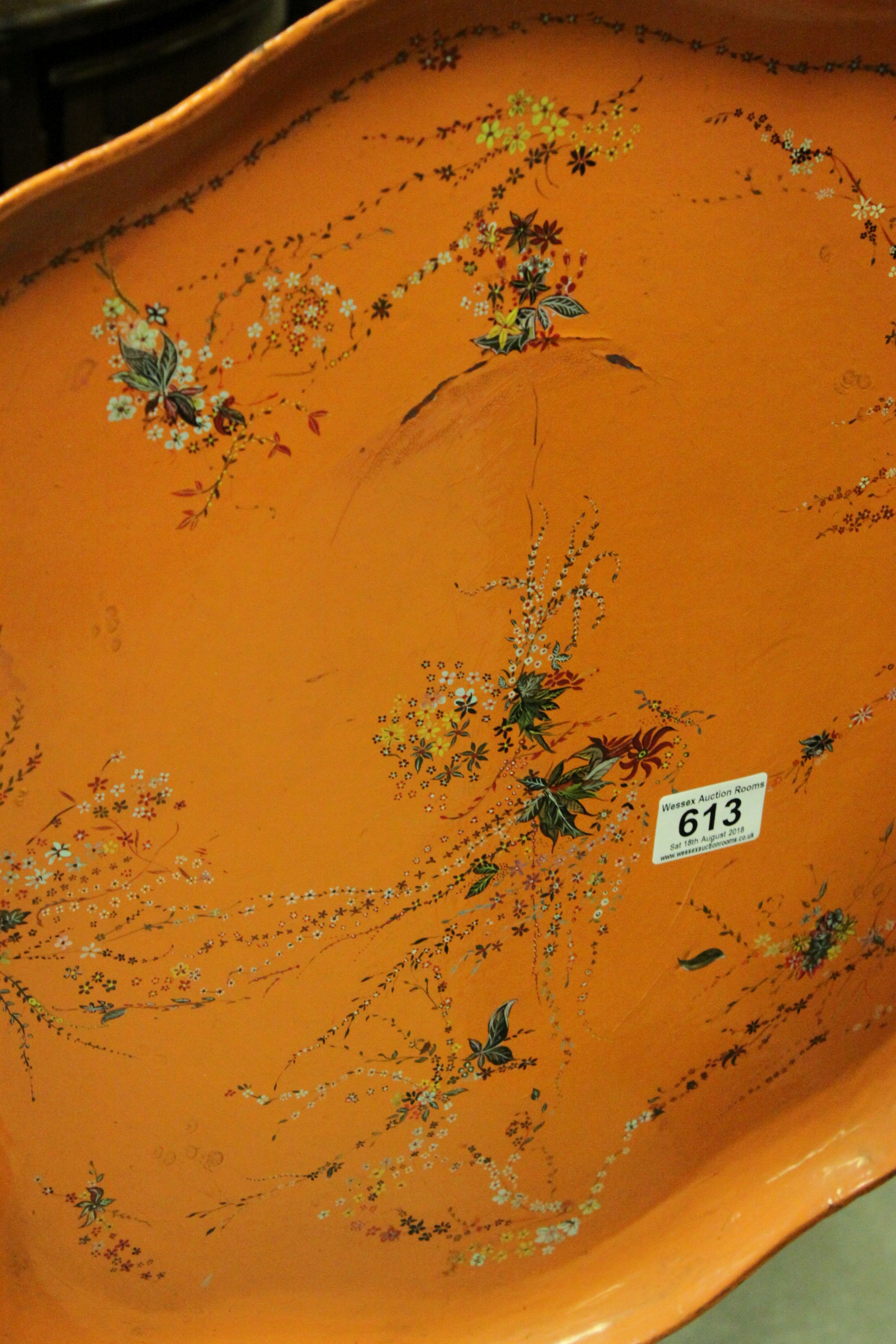 19th century Tilt Top Table with Orange Lacquered and Painted Papier Mache Shaped Top - Image 2 of 4