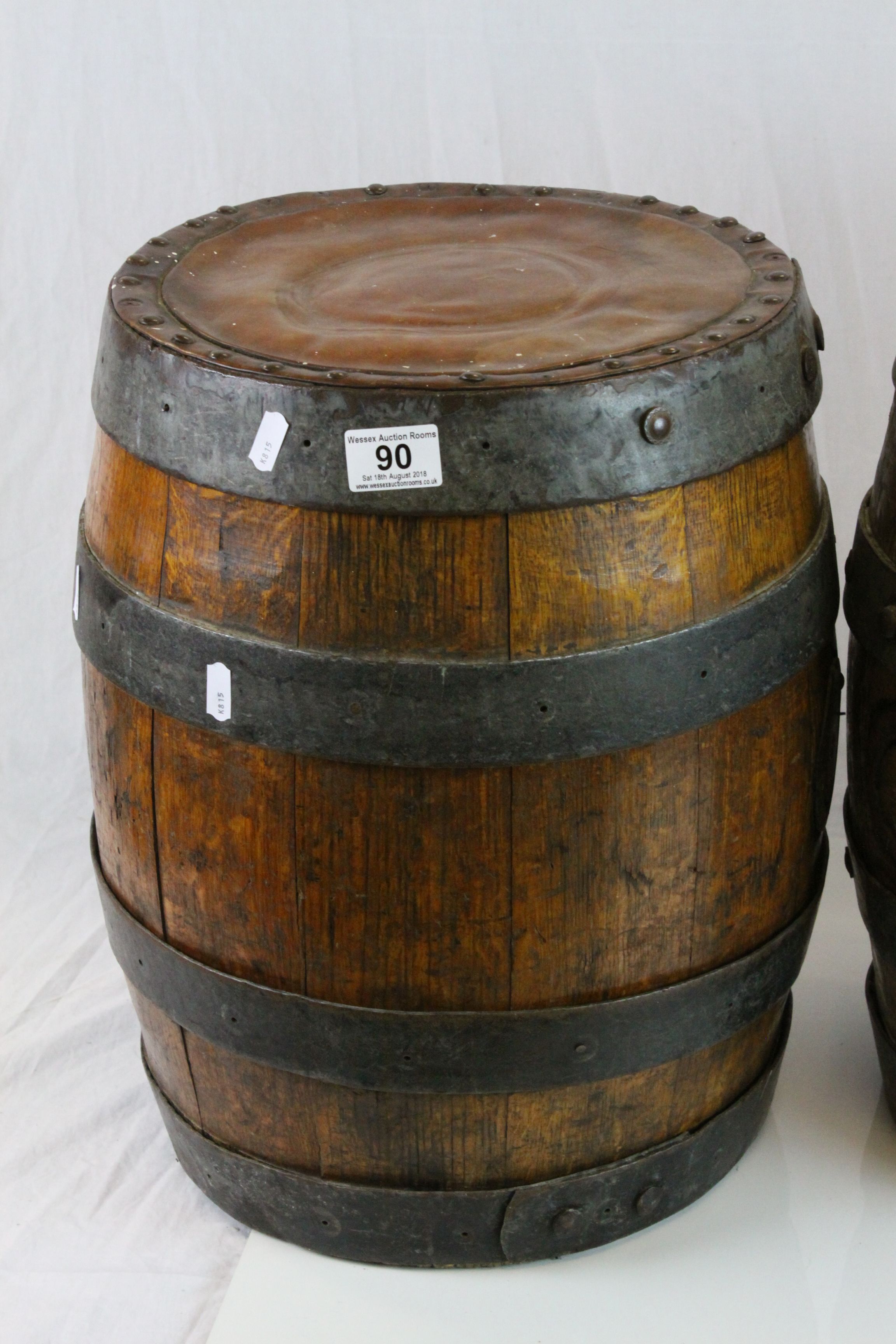 Two vintage Coopered Oak Barrels with Leather seat tops and studded detailing - Image 2 of 5