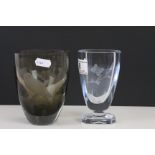 Swedish Art glass vase with etched Butterfly design and marked "Strombergshyttan" to base plus