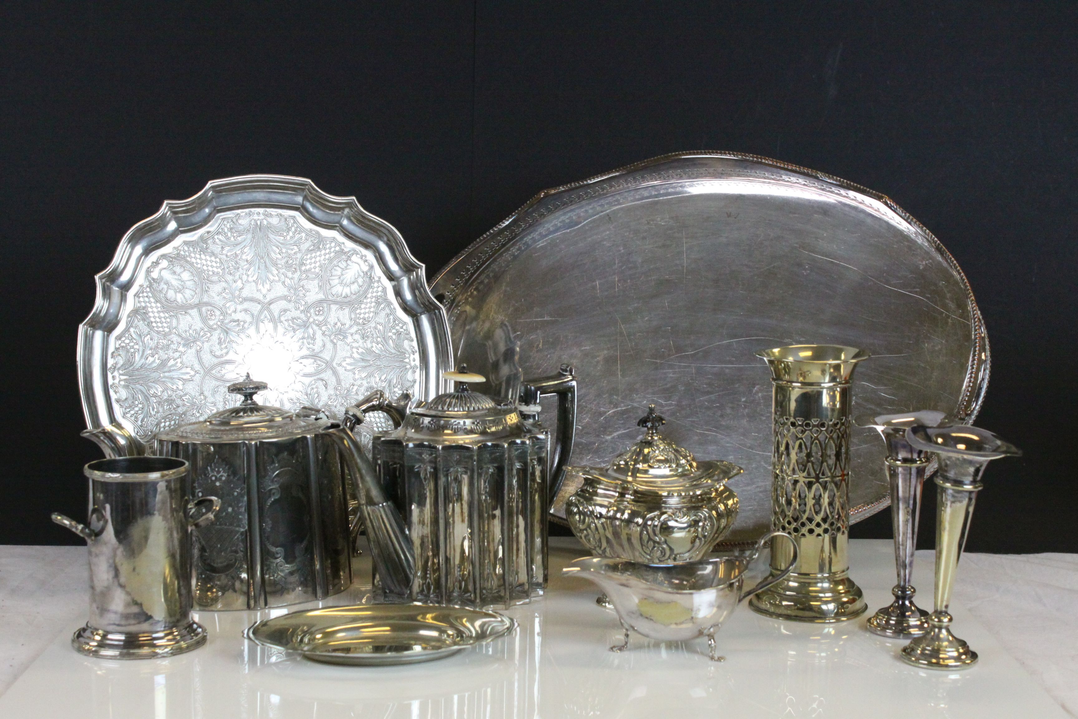 Collection of Silver Plate including Oval Gallery Tray, Pair of Trumpet Vases, Teapots, Sugar