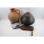 Victorian Wooden Football Rattle / Bird Scarer, Vintage Terracotta Jug and a Middle Eastern Wooden