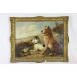Gilt framed Oil on canvas of Terriers with Pigeon, George Arnfield style