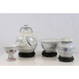 Three Chinese Style Studio Pottery Blue and White Items including Flask, Lidded Pot and Bowl, all