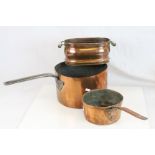 Two vintage Copper Saucepans & a Copper planter with Ceramic handles