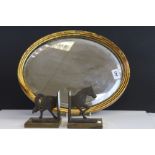 Gilt Framed Oval Mirror together with a Pair of Metal and Wooden Horse Bookends