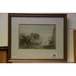 19th century Continental Watercolour, Coastal Scene with Village and Boat, indistinctly signed