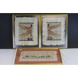 Set of Egyptian painting on papyrus to include Goddess Mat and another of birds