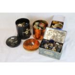 Assorted vintage buttons and buckles in four tins to include Victorian, Bakelite, mother-of-pearl