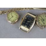 Collection of yellow metal and gold plated vintage wristwatches and straps, a pair of spectacle