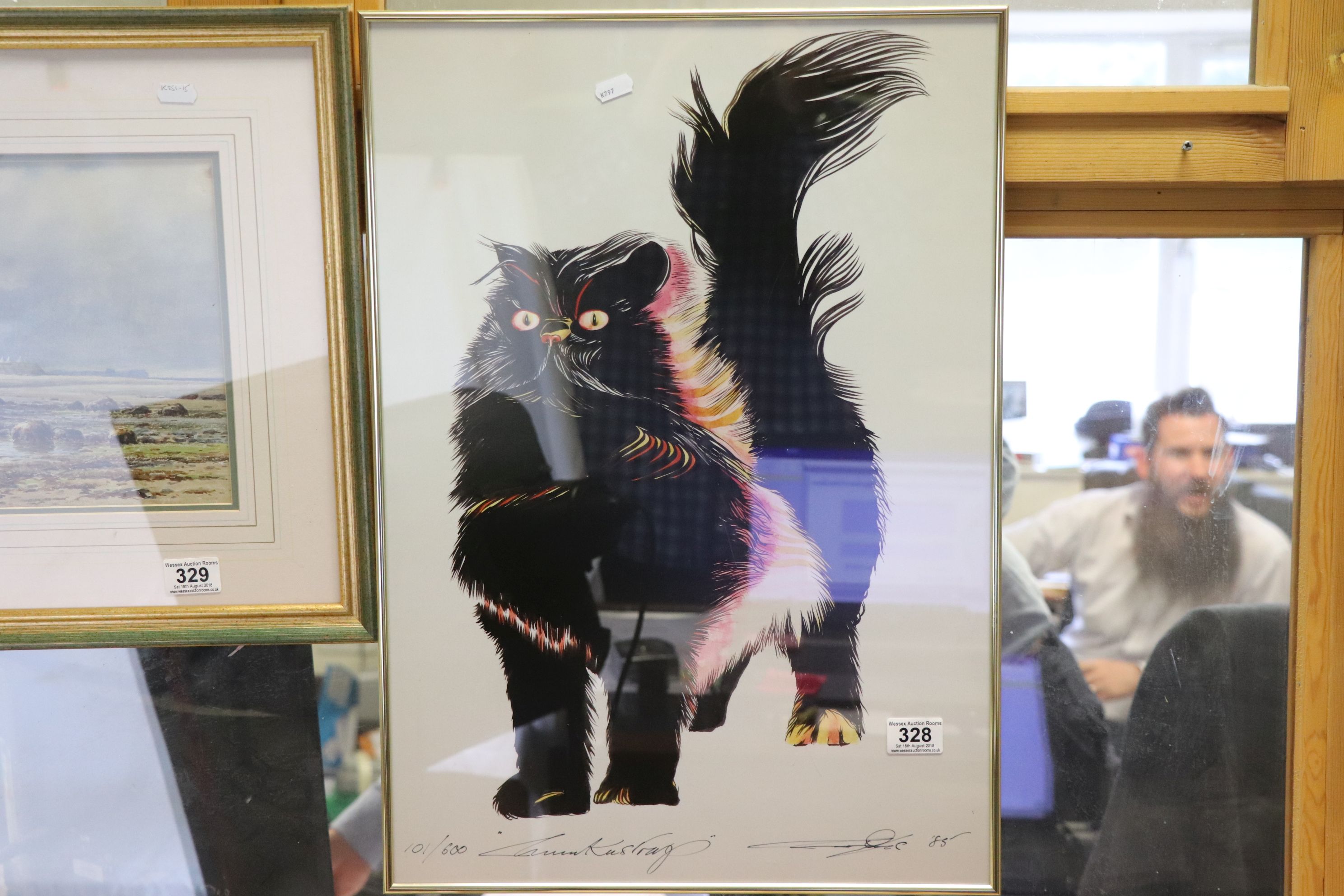 Framed and Glazed Limited Edition Signed Print of a Cat by Laura Kustrag ?? dated Dec 85, no. 101/