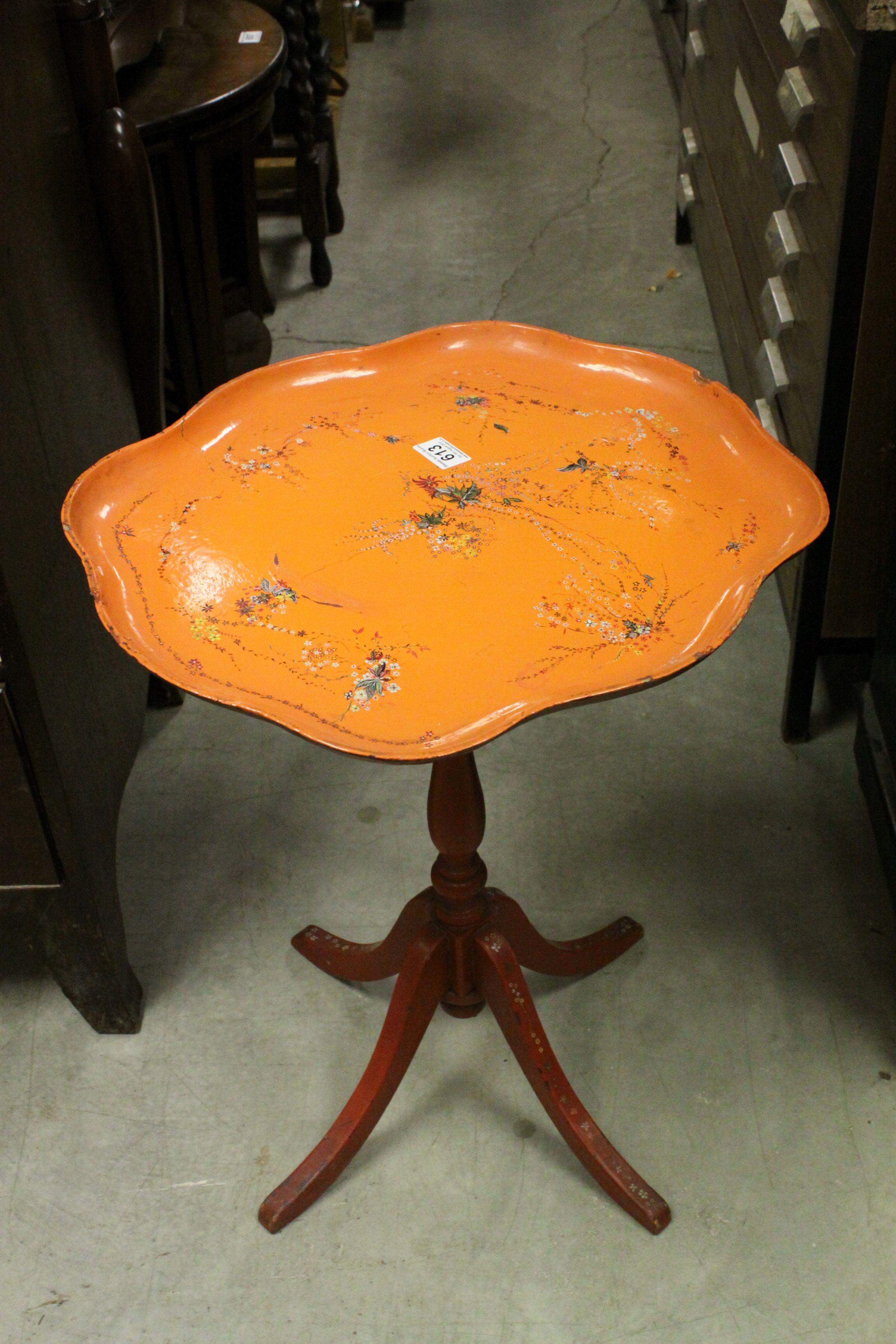 19th century Tilt Top Table with Orange Lacquered and Painted Papier Mache Shaped Top - Image 4 of 4