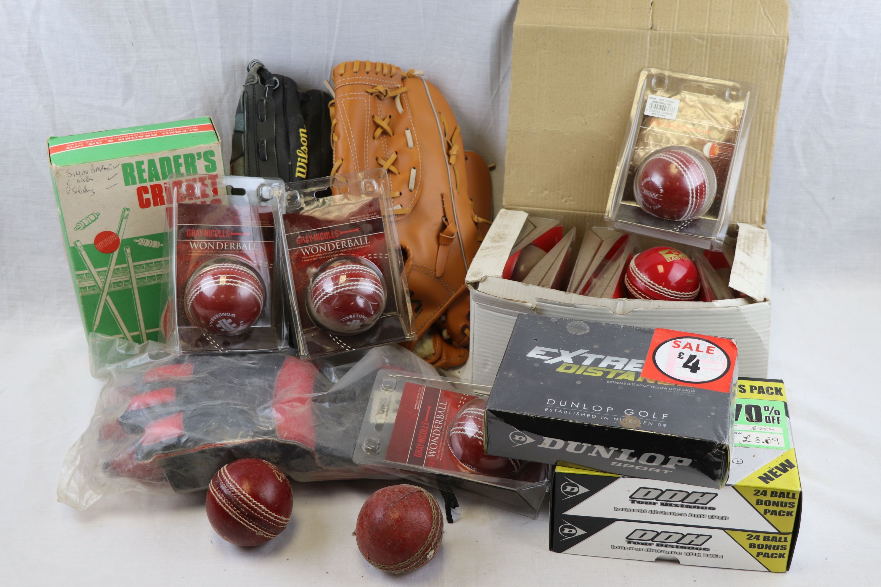 Mixed Lot of Sports Equipment including New and Used Cricket Balls, Baseball Gloves, Golf Balls,