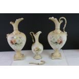 Pair of Early 20th century Blush Ivory Urns (one damaged) and a Smaller Jug