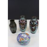 Pair of Cloisonne vases, a Bronze vase with Cloisonne decoration in Egyptian style & a Japanese