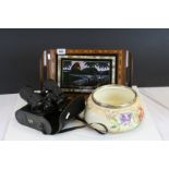 Mixed Lot including Butterfly Wing Inlaid Tray, Cased Binoculars and Edwardian Fruit Bowl