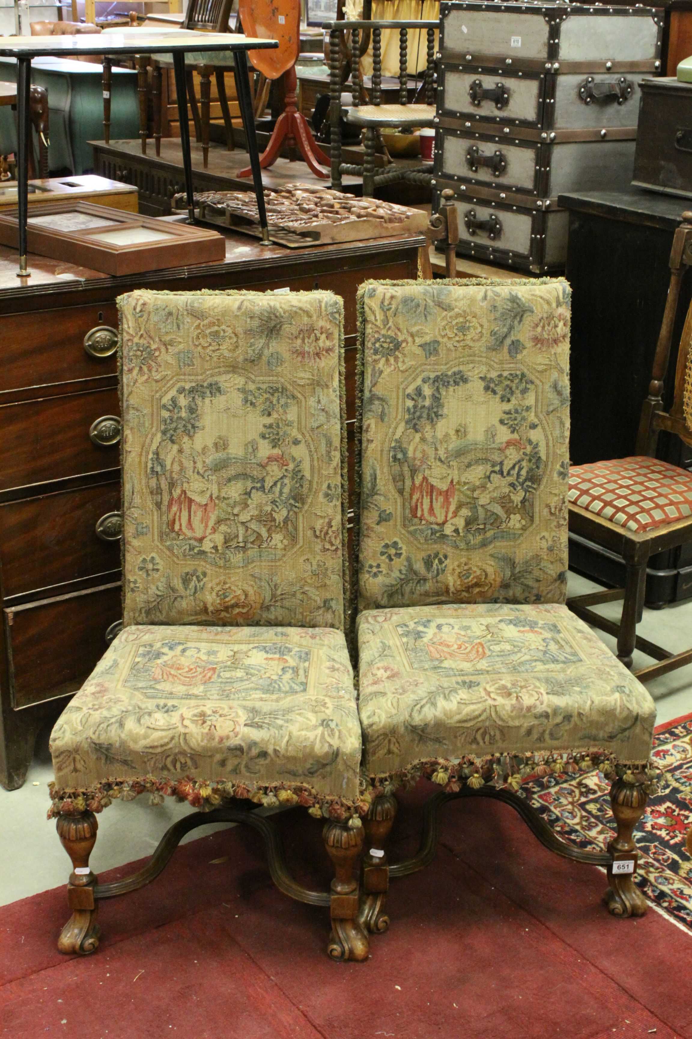 Pair of 17th century Style Chairs, the needlework covered seat and back with fringes and tassles - Image 3 of 7