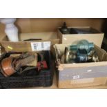 Collection of Mixed Items including Blue Glass Oil Lamp, Lantern, Cameras, Binoculars, Boxed