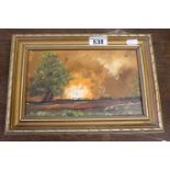 Small Gilt framed Oil on board of a Fire in Countryside