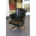 Early 20th century Green Leather and Brass Studded Office Tub Chair with Hillcrest Chair Action