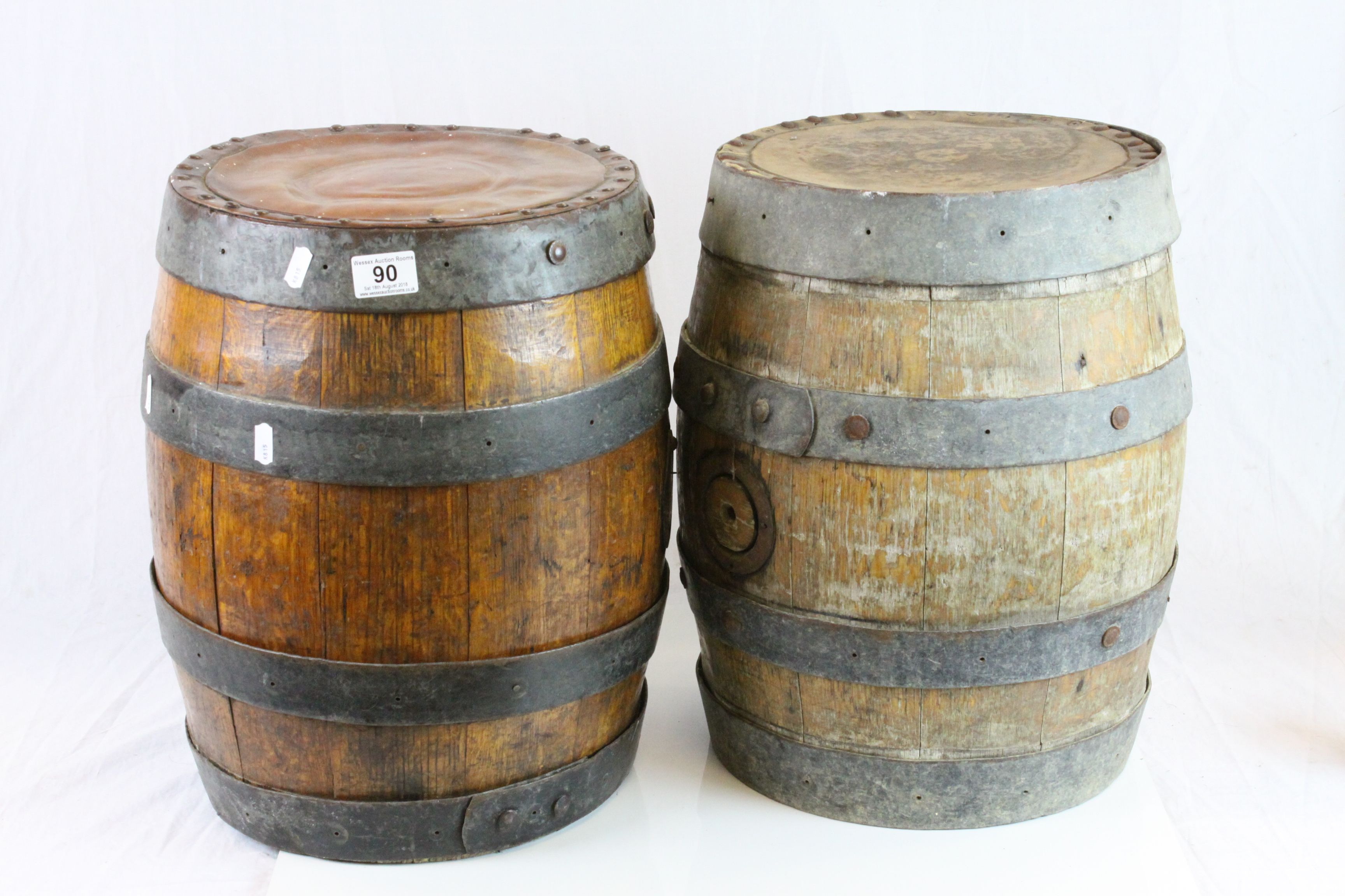 Two vintage Coopered Oak Barrels with Leather seat tops and studded detailing