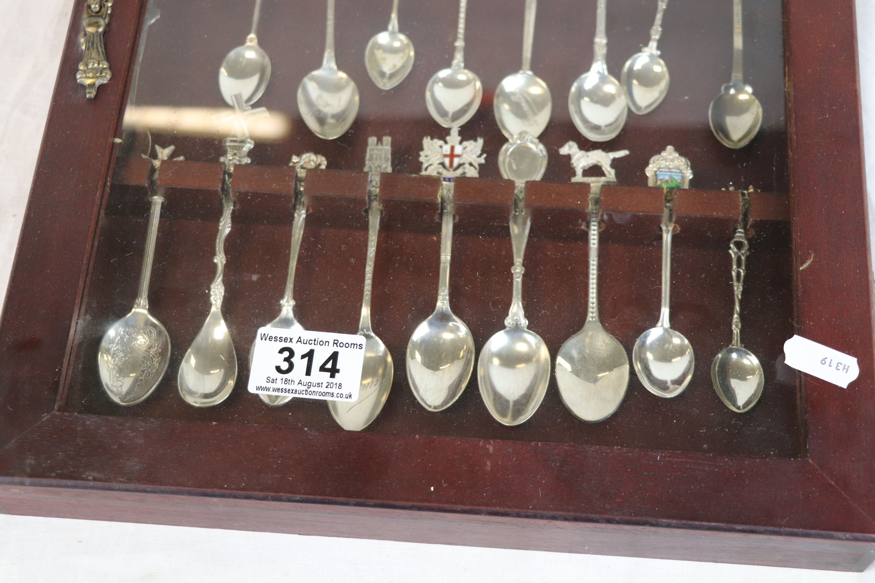 Souvenir teaspoons, some with enamelled finials, approximately 27 in total contained within display - Image 4 of 5