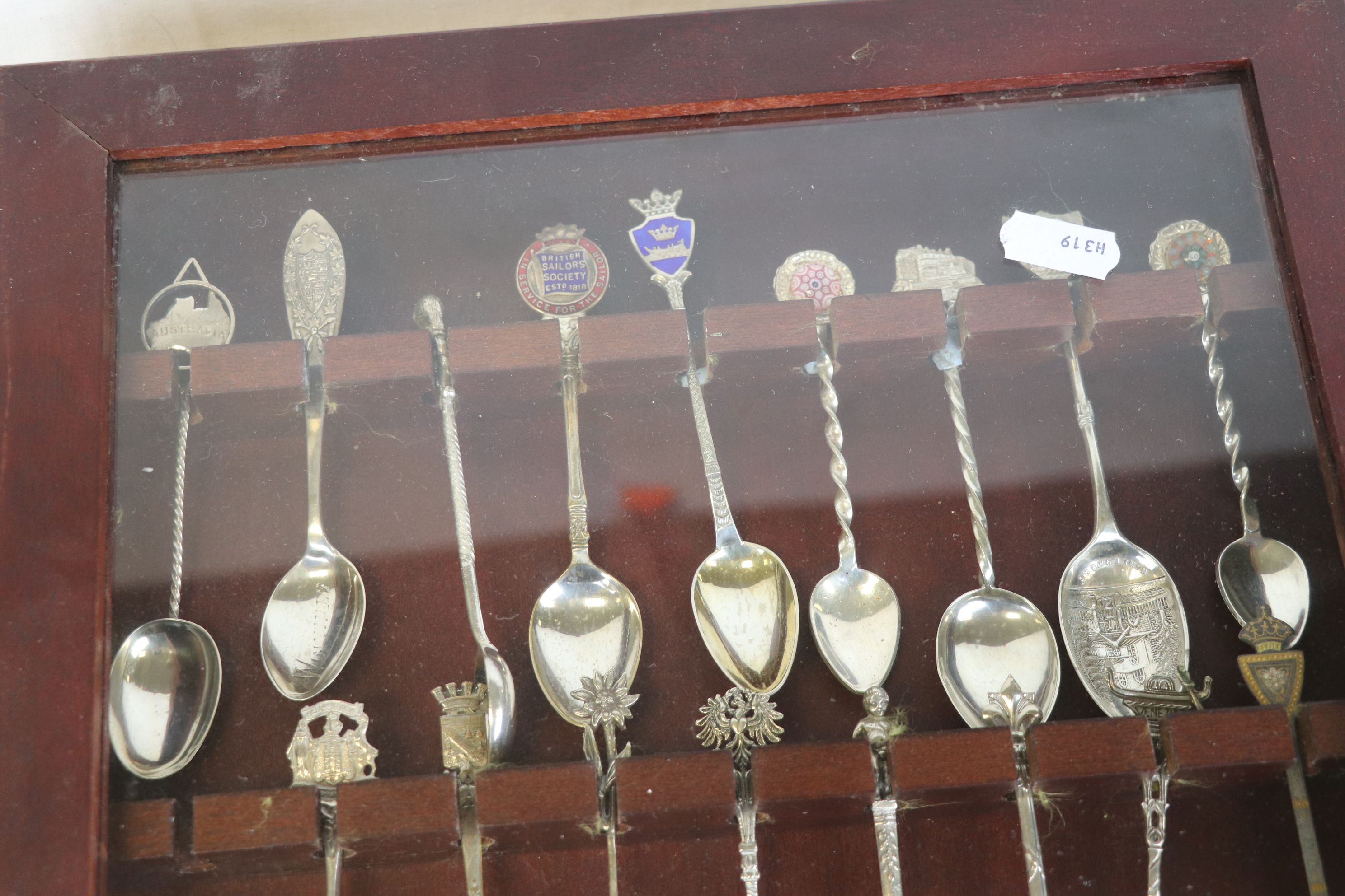 Souvenir teaspoons, some with enamelled finials, approximately 27 in total contained within display - Image 2 of 5