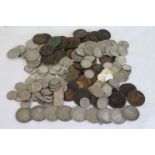 Small collection of vintage UK coins to include silver pre-decimal coins, George III cartwheel