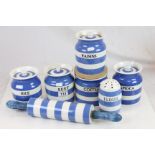 Collection of T G Green blue & white Kitchen ware to include named storage jars, flour shaker and