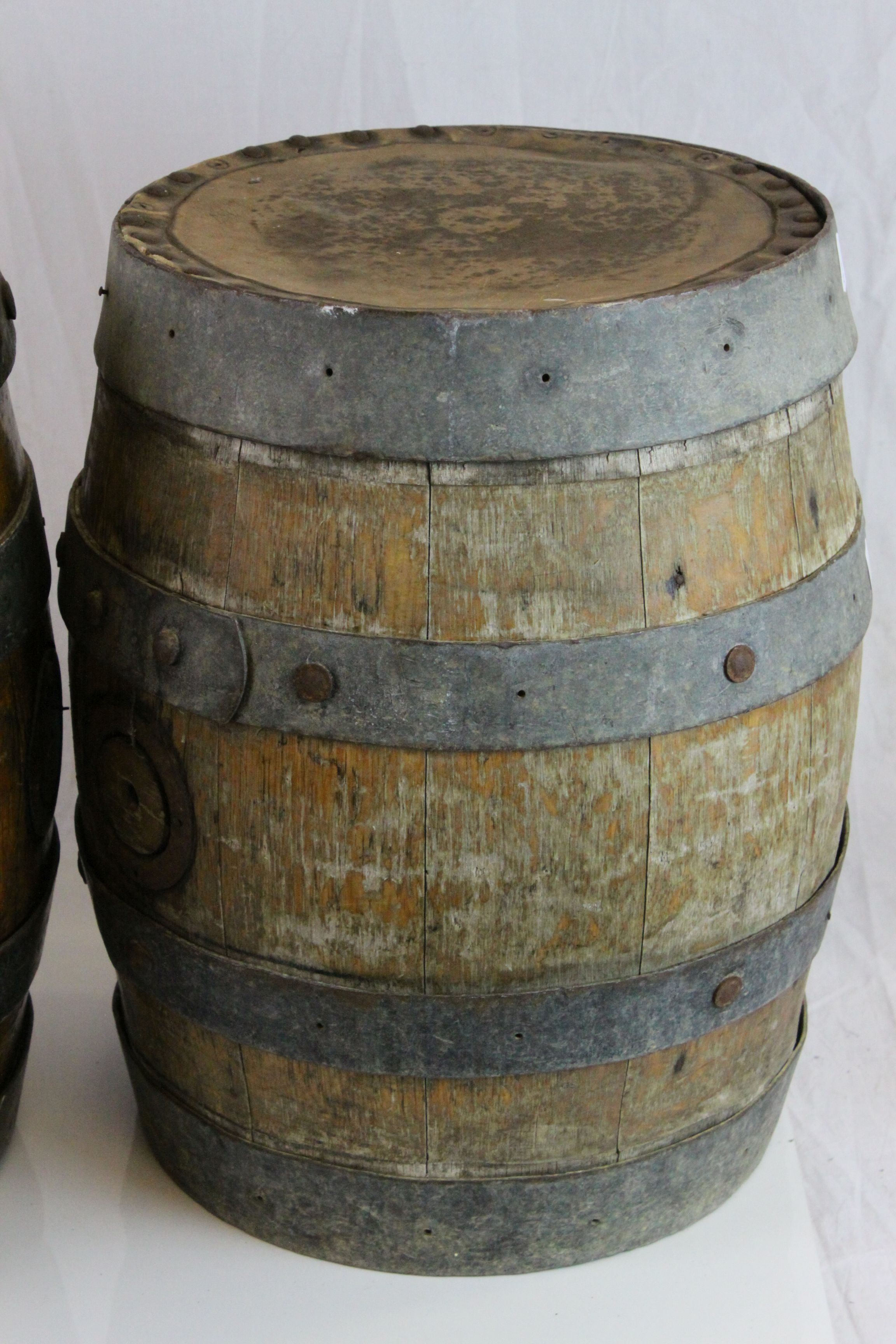 Two vintage Coopered Oak Barrels with Leather seat tops and studded detailing - Image 3 of 5