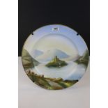 Vintage ceramic Charger with hand painted scene depicting a Castle or Keep on a Lake