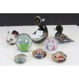 Collection of eight glass Paperweights to include Wedgewood Duck, Langham Duck, Murano Snail etc
