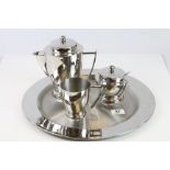 Art Deco Style White Metal Three Piece Tea Service on a Circular Tray