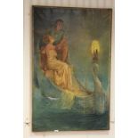 Large Romantic Oil on canvas of a couple on a Swan Boat