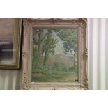 Oil on Canvas, Swept Framed Rural Landscape with Farmer in Field, signed