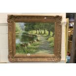 M. Fogge, Oil on Board Rural River Scene in an ornate gilt frame