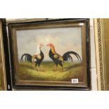 Hogarth Framed Oil Painting of Fighting Cockerels in a Landscape