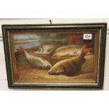 Framed Oil Painting of Freshwater Fish on a Riverbank