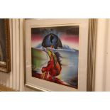 Homage to Salvadore Dali Studio Framed Surrealist Painting of an Immerging Planet signed