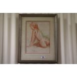 Sanguine Pastel Portrait of the Back of a Seated Nude Lady, signed