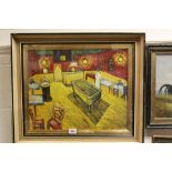 Studio Framed Impressionist Oil Painting Figures in a French Bar with Games Table, signed