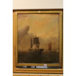 Large Oil on Canvas Painting depicting 19th century Sailing Ships and Boats near Harbour signed