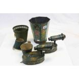 A pair of toleware painted lamps and a similar octaginal bucket and one other..